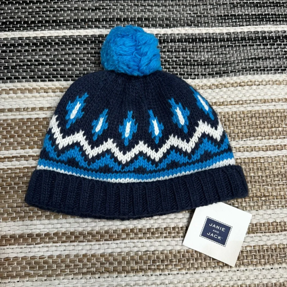 Janie and Jack Knit Beanie Pom Hat 0-6‎ Months Navy Blue Fair Isle